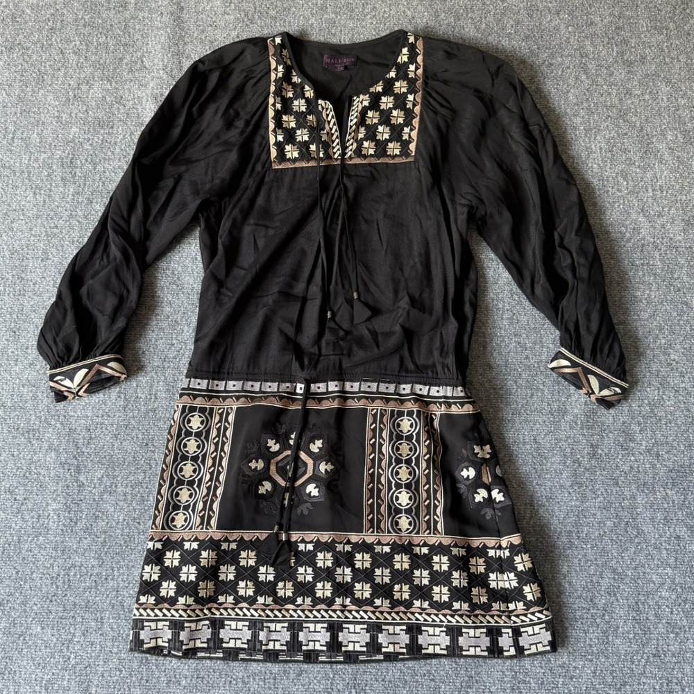 Hale Bob Dress XS Black Embroidered Boho Mini Long Sleeve Bohemian‎